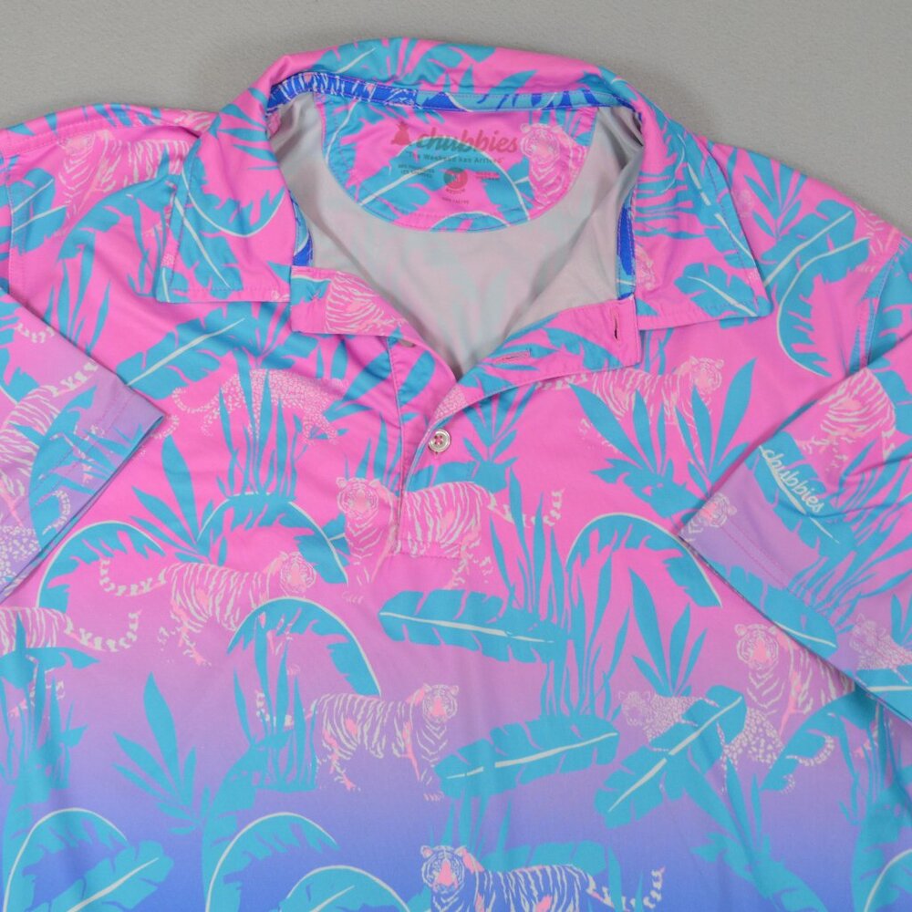 Chubbies Tiger Print Hydrofoil Performance Polo Pink Blue Golf Medium - Picture 4 of 13